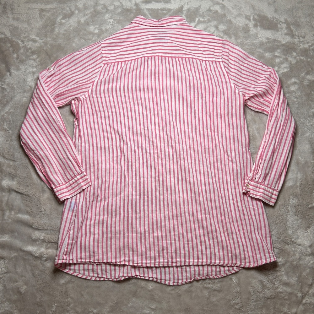 J. Mclaughlin Popover Tunic Shirt‎ Womens L Pink White Stripe Roll Tab Sleeve - Picture 6 of 9